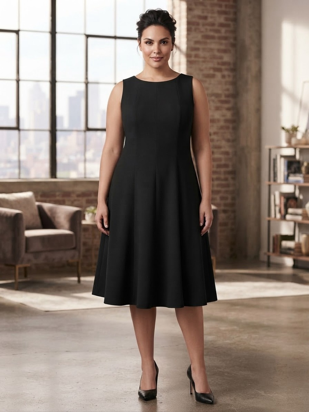 Evan Picone Black Sleeveless Midi A-Line Dress